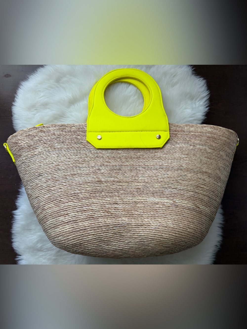 New! Del Rio Woven Straw Large Tote with Neon Yellow Trim